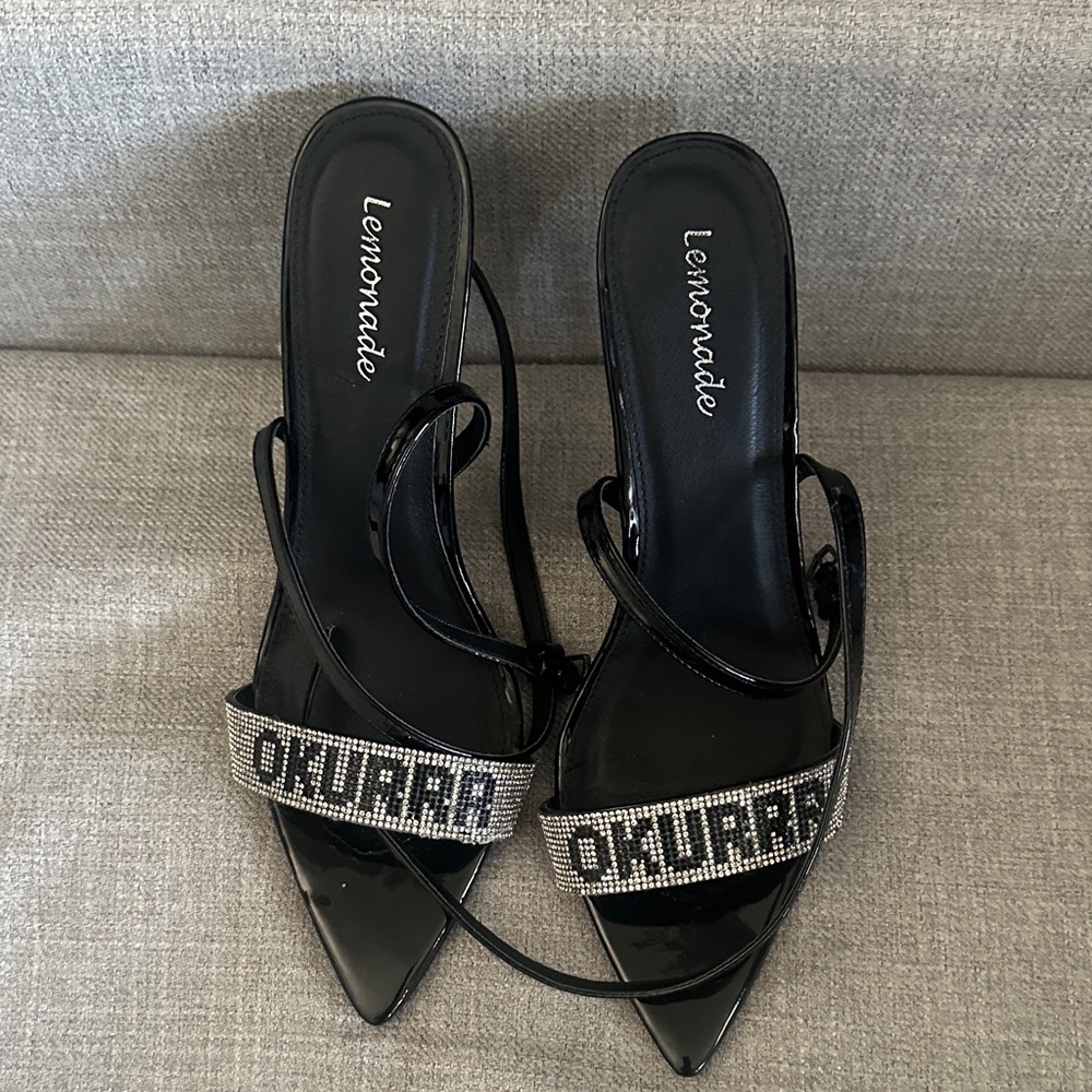 Lemon Black Patent Pointed-Toe Slingback Heels with Crystal Strap
